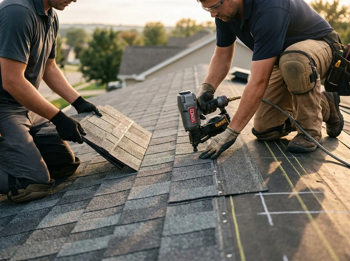 Professional roofer working on a residential roof in Sylacauga
